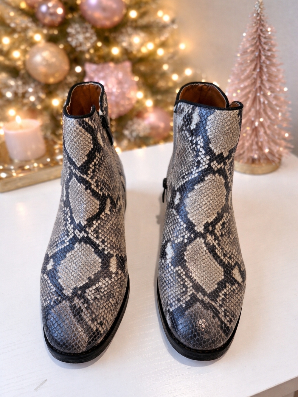 Franco Sarto Snake-Print Ankle Boots in Gray and Black